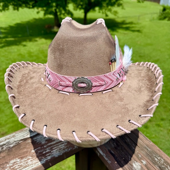 Burned Taupe Cowboy Hat with Pink Tooled Leather - Picture 4 of 5